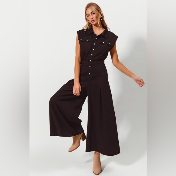 Black denim washed pleated boho bohemian flare chic boho Wide Leg Jumpsuit - Picture 4 of 9